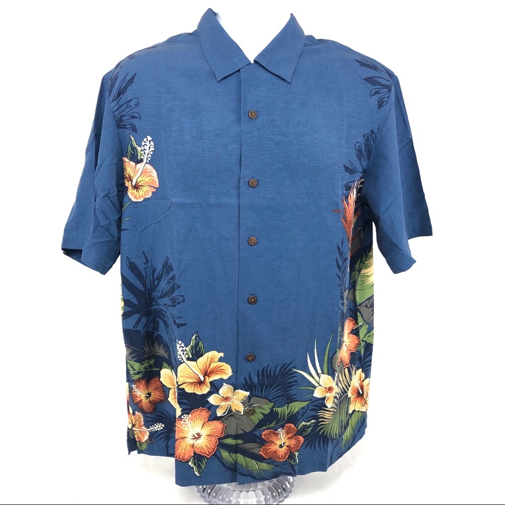 Paradise Collection Hawaiian Mens Size Medium Blue Silk Shirt Floral Hibiscus